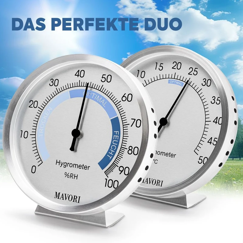 2er-Set: Analoges Hygrometer + Thermometer Edelstahl, Ø 9,5 cm
