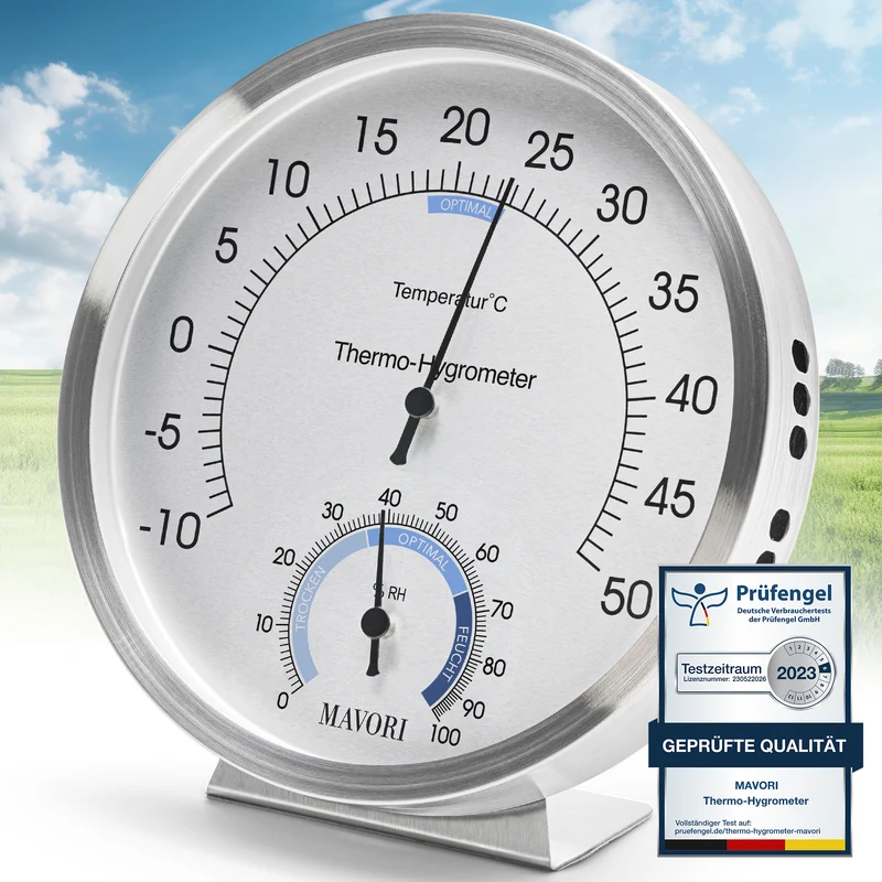 Analoges Thermometer-Hygrometer Edelstahl, Ø 12,5 cm, große Temperaturskala