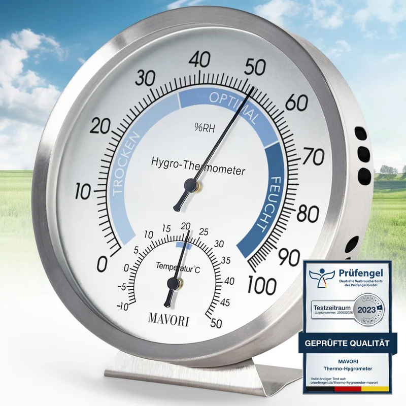 Analoges Hygrometer-Thermometer Edelstahl, Ø 12,5 cm, große Feuchteskala